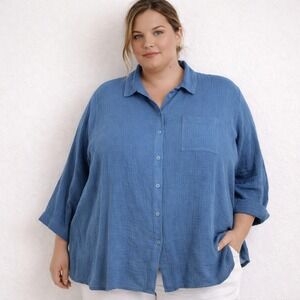 On The Plus Side 5X Cotton Gauze Button Down Shirt Blue 3/4 Sleeve Lagenlook